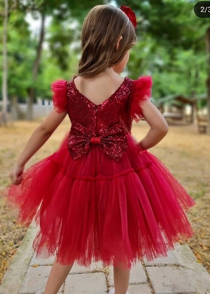 Kırmızı payetli ve tül abiye elbise - Görsel 2