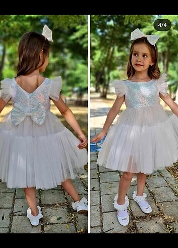 Beyaz payetli ve tül abiye elbise 