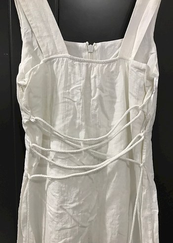 Beyaz Kolsuz Midi Keten Elbise - Görsel 3