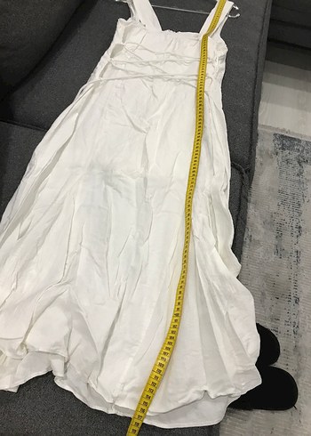 Beyaz Kolsuz Midi Keten Elbise - Görsel 5