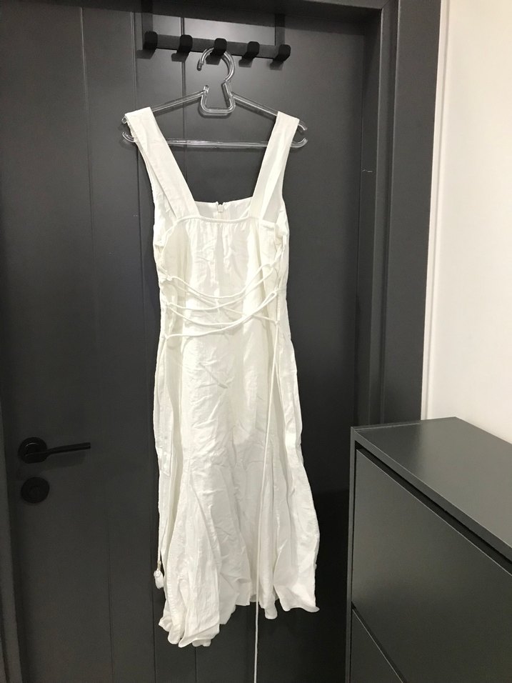 Beyaz Kolsuz Midi Keten Elbise - Görsel 2