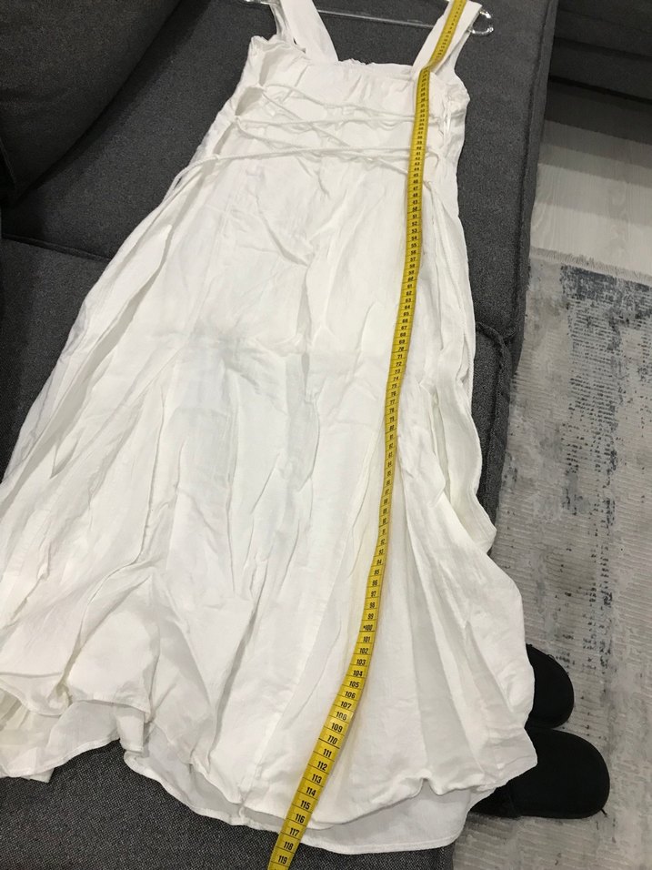 Beyaz Kolsuz Midi Keten Elbise - Görsel 5