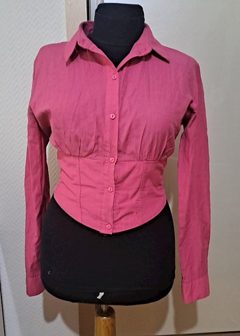 Düğmeli Pembe Keten Kadın Gömlek