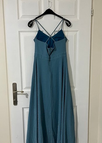 Lacivert Uzun Askılı Drapeli Kadın Abiye Elbise - Görsel 2