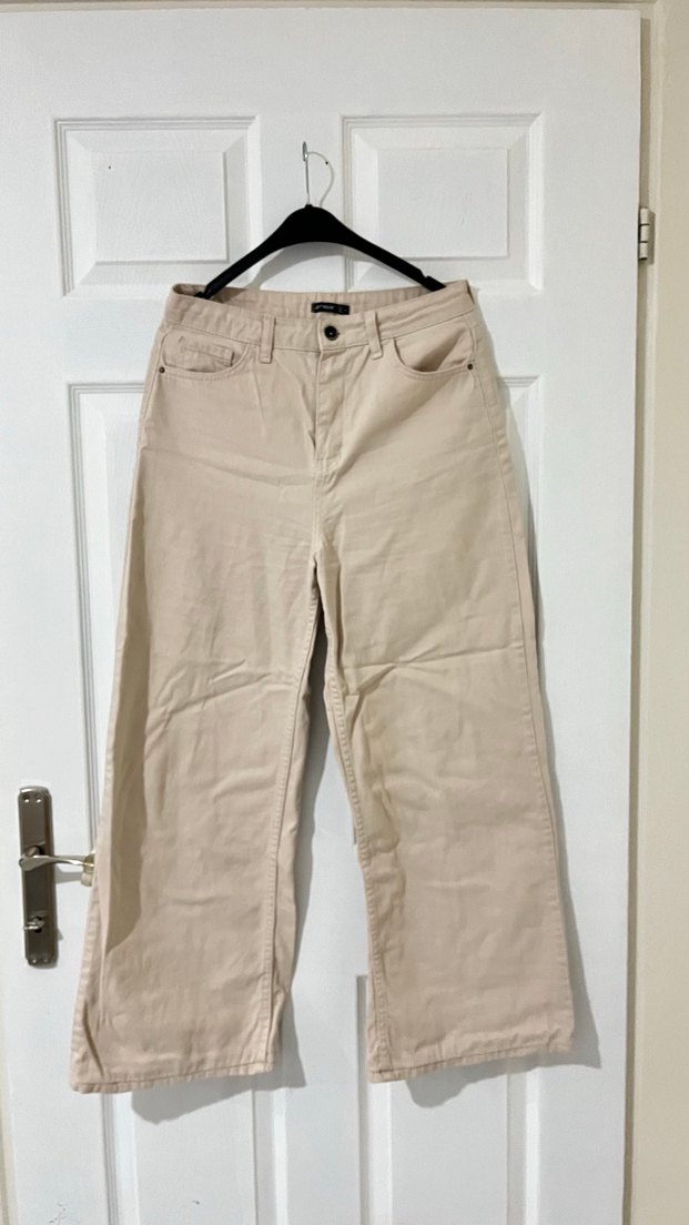 Bej Rahat Kesim Midi Keten Kadın Pantolon - Görsel 2