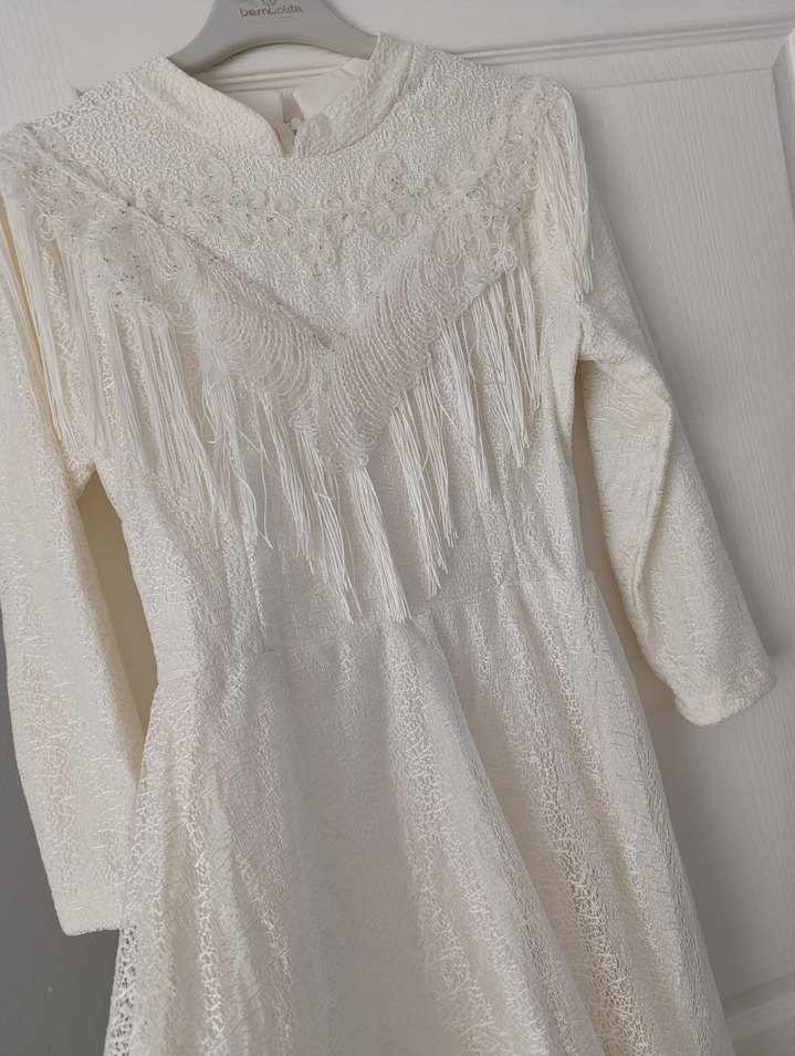 Kadın Beyaz Bohem Uzun Kollu Fırfırlı Elbise - Görsel 5