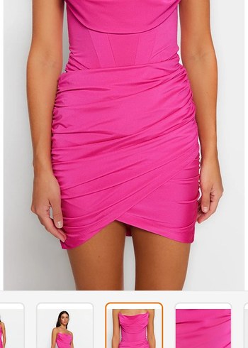 Pembe Drapeli Straplez Abiye - Görsel 4