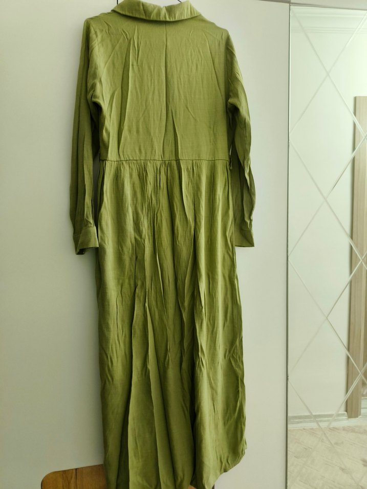 Kadın Haki Uzun Keten Elbise - Görsel 2