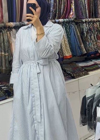 xl Beden beyaz Renk Pamuklu Çizgili Uzun Salaş Elbise