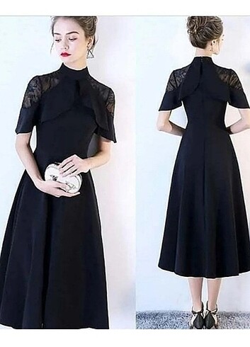 Styling park dantel detaylı midi elbise siyah 