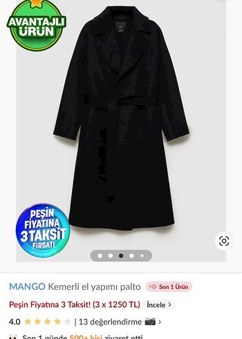 MANGO Kemerli Siyah El Yapımı Palto - Görsel 2