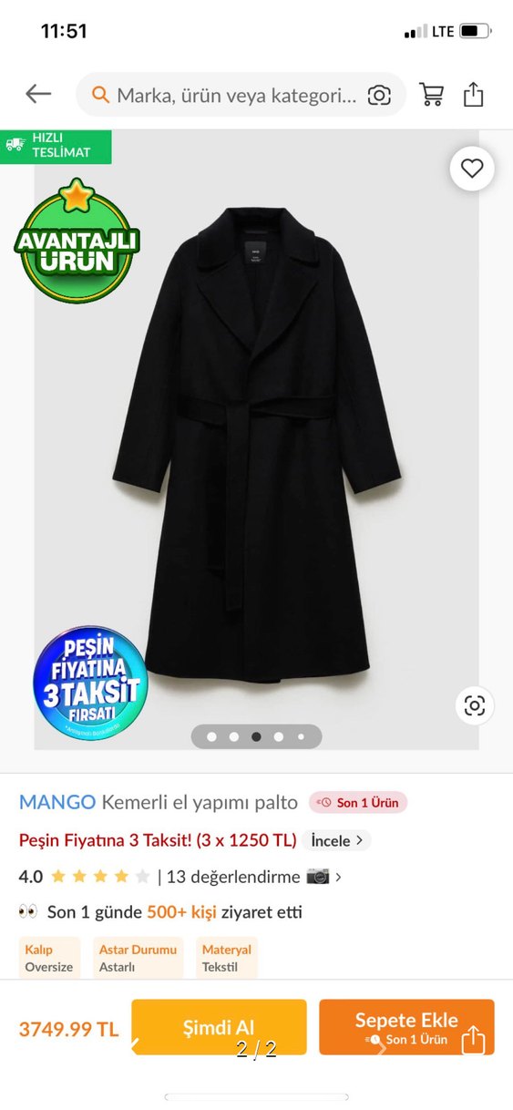 MANGO Kemerli Siyah El Yapımı Palto - Görsel 2