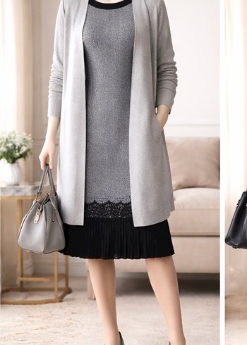 Gri Midi Triko Elbise Notch Yaka - Görsel 6