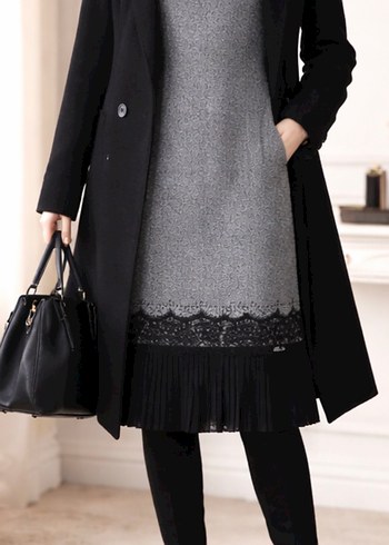 Gri Midi Triko Elbise Notch Yaka - Görsel 2