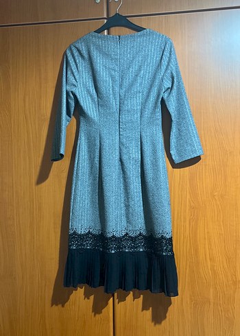 Gri Midi Triko Elbise Notch Yaka - Görsel 7