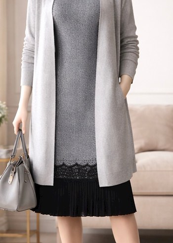 Gri Midi Triko Elbise Notch Yaka - Görsel 4