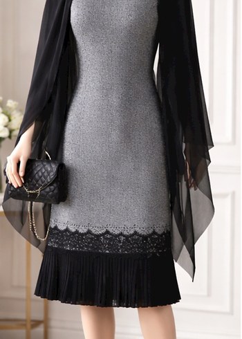 Gri Midi Triko Elbise Notch Yaka - Görsel 3