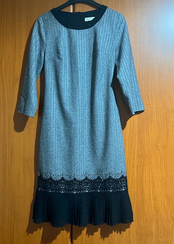 Gri Midi Triko Elbise Notch Yaka - Görsel 8