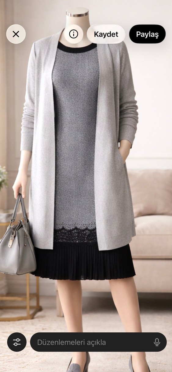 Gri Midi Triko Elbise Notch Yaka - Görsel 4