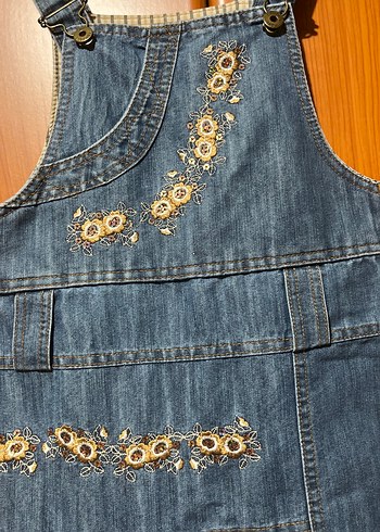 Nakışlı Parlak Detaylı Mavi Kot Salopet - Görsel 6