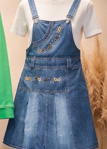 Nakışlı Parlak Detaylı Mavi Kot Salopet - Görsel 2