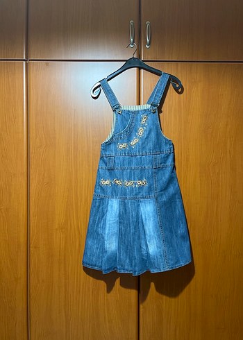 Nakışlı Parlak Detaylı Mavi Kot Salopet - Görsel 3