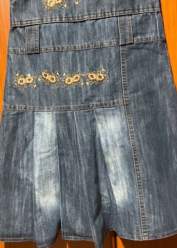 Nakışlı Parlak Detaylı Mavi Kot Salopet - Görsel 7