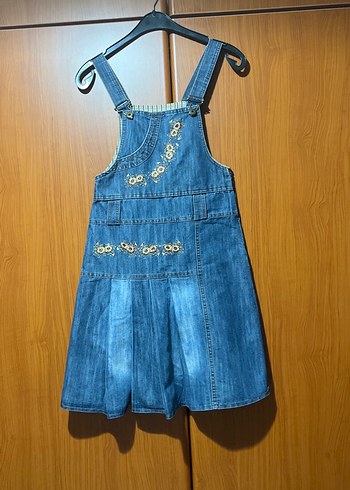 Nakışlı Parlak Detaylı Mavi Kot Salopet - Görsel 4