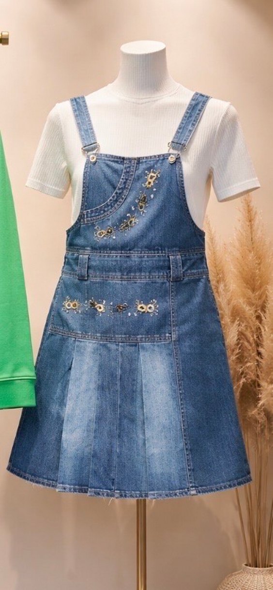 Nakışlı Parlak Detaylı Mavi Kot Salopet - Görsel 2