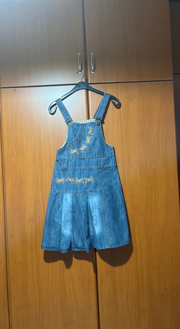 Nakışlı Parlak Detaylı Mavi Kot Salopet - Görsel 5