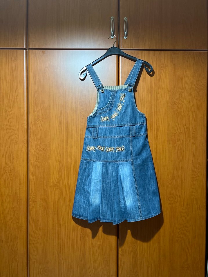 Nakışlı Parlak Detaylı Mavi Kot Salopet - Görsel 3