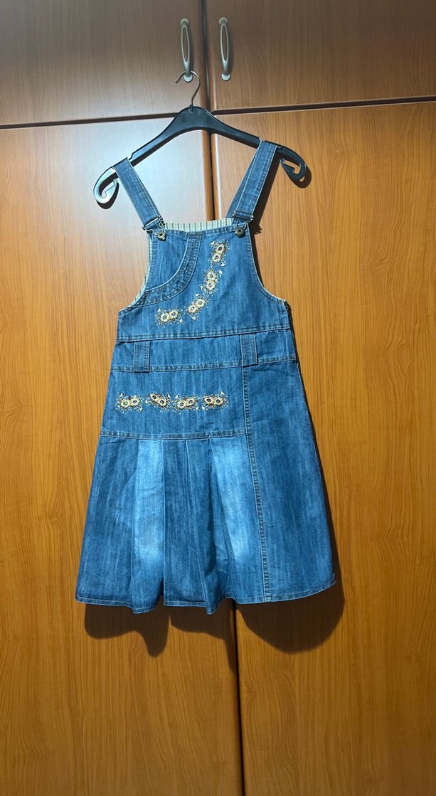 Nakışlı Parlak Detaylı Mavi Kot Salopet - Görsel 4