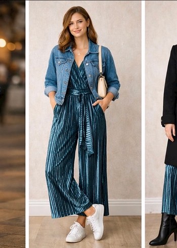 Kadın Parlak Lacivert Pilili Uzun Tulum - Görsel 4