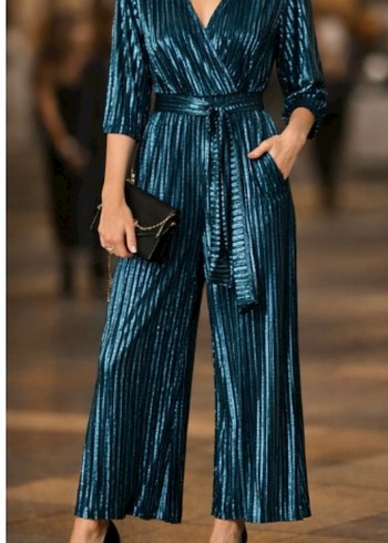 Kadın Parlak Lacivert Pilili Uzun Tulum - Görsel 5