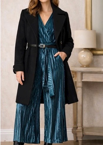 Kadın Parlak Lacivert Pilili Uzun Tulum - Görsel 3