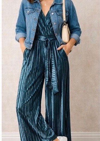 Kadın Parlak Lacivert Pilili Uzun Tulum - Görsel 2