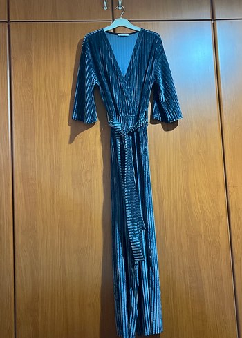 Kadın Parlak Lacivert Pilili Uzun Tulum - Görsel 8