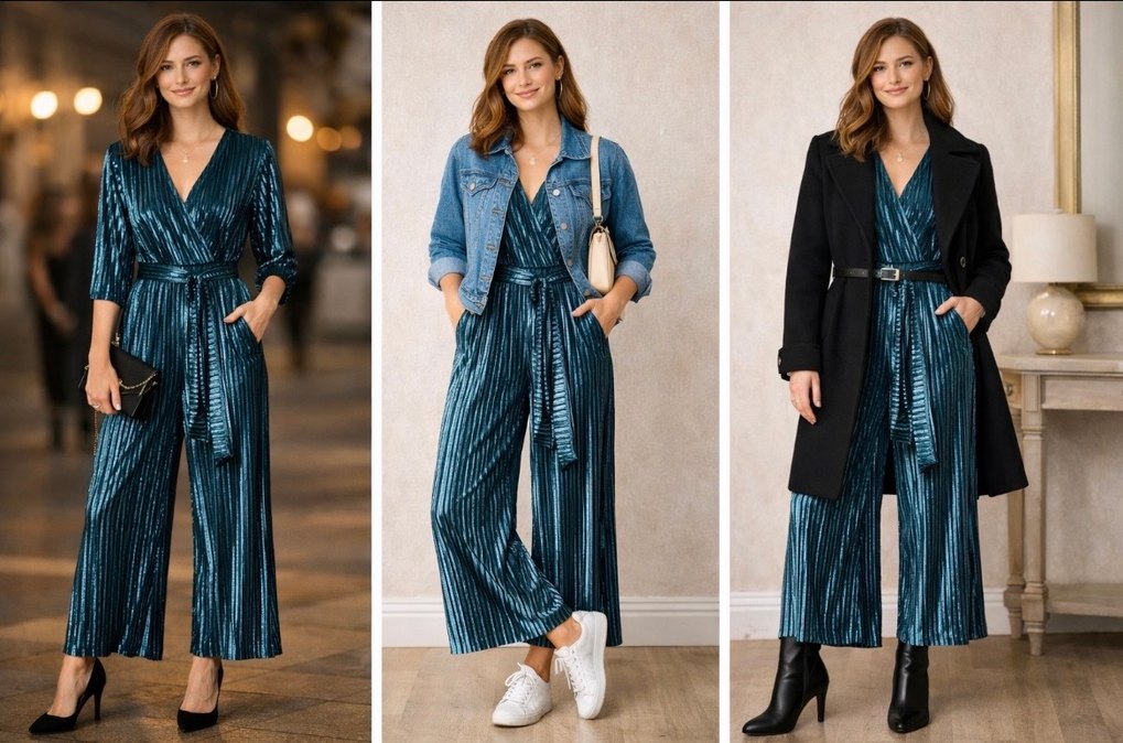 Kadın Parlak Lacivert Pilili Uzun Tulum - Görsel 4