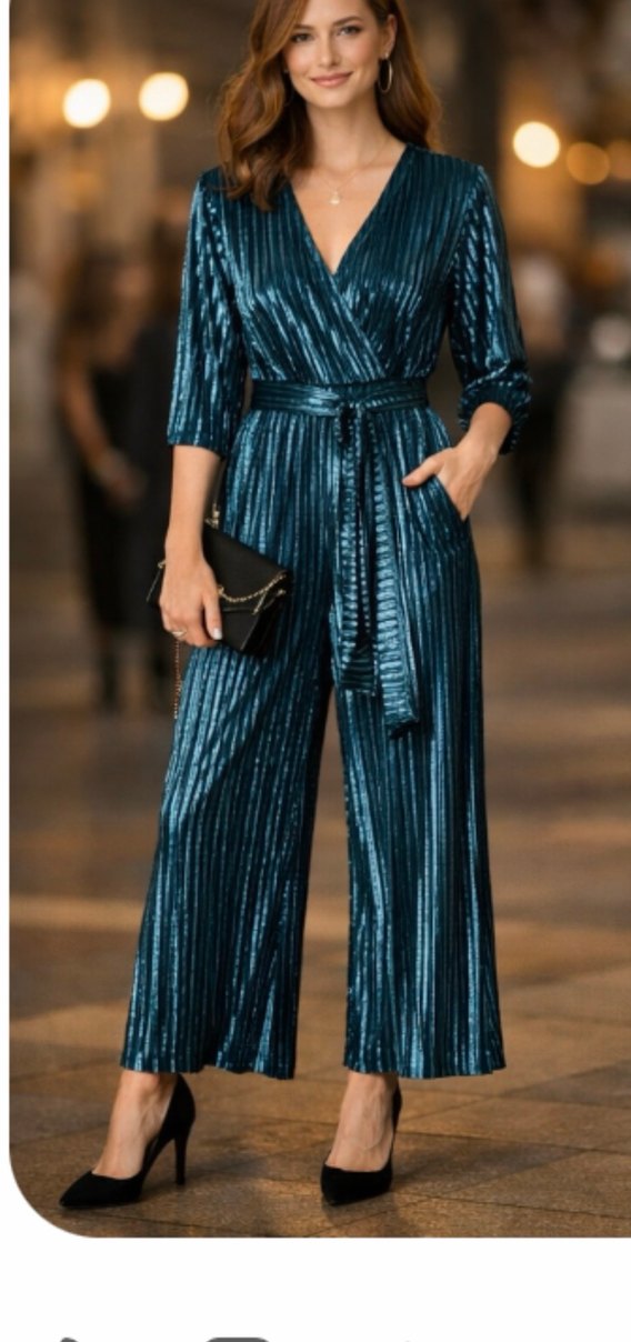 Kadın Parlak Lacivert Pilili Uzun Tulum - Görsel 5