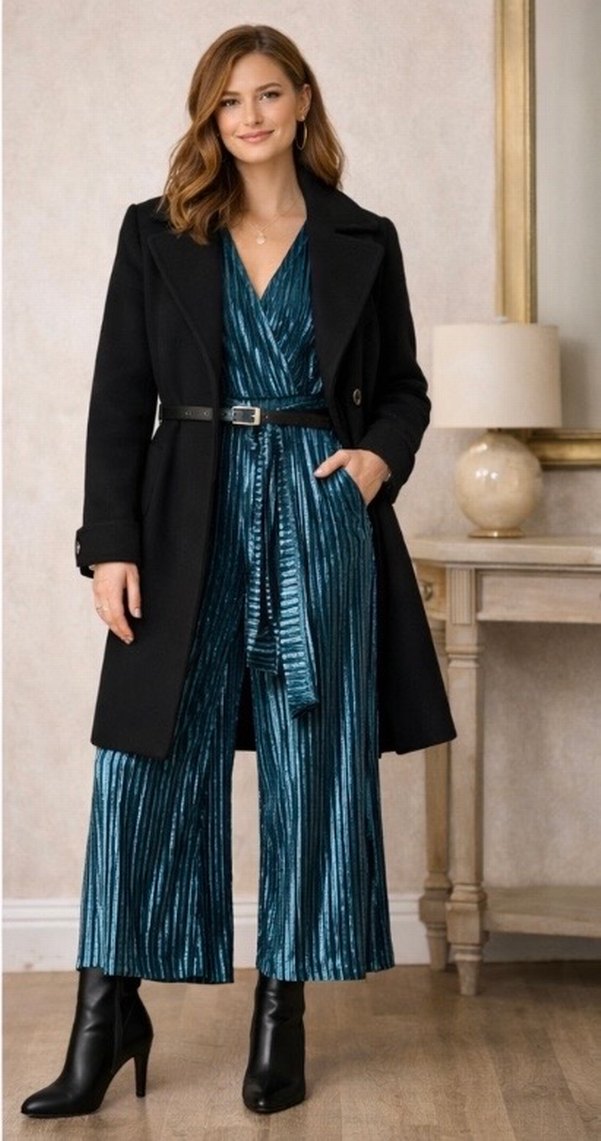 Kadın Parlak Lacivert Pilili Uzun Tulum - Görsel 3