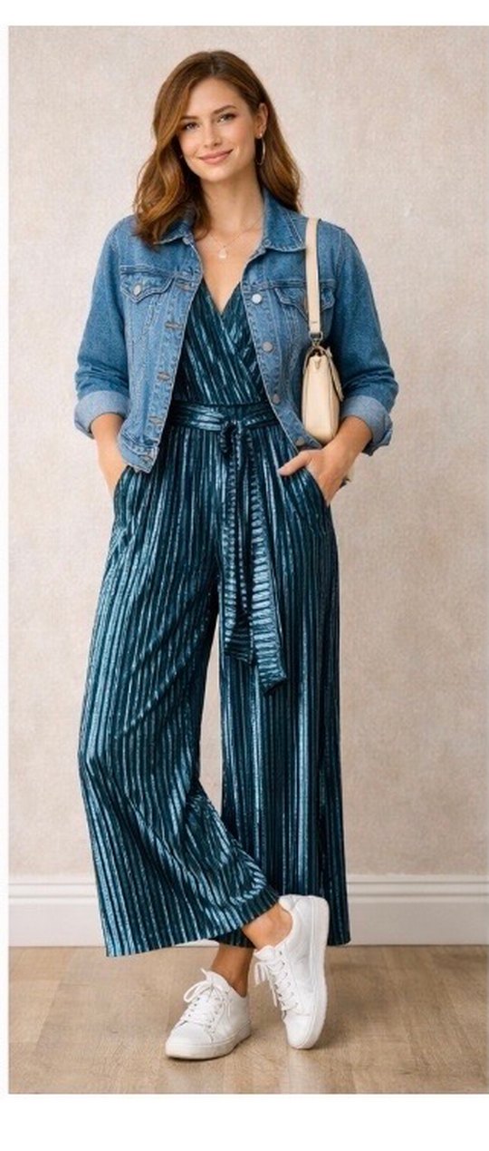 Kadın Parlak Lacivert Pilili Uzun Tulum - Görsel 2