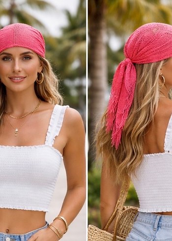 Pembe Dantel Örgü Bohem Saç Bandı - Görsel 2