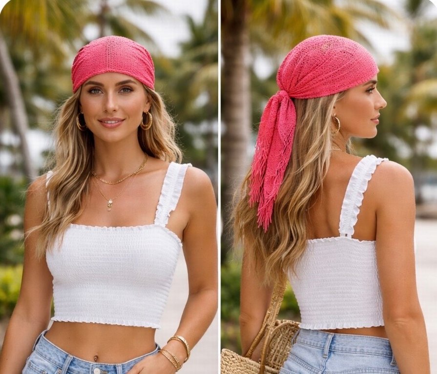 Pembe Dantel Örgü Bohem Saç Bandı - Görsel 2