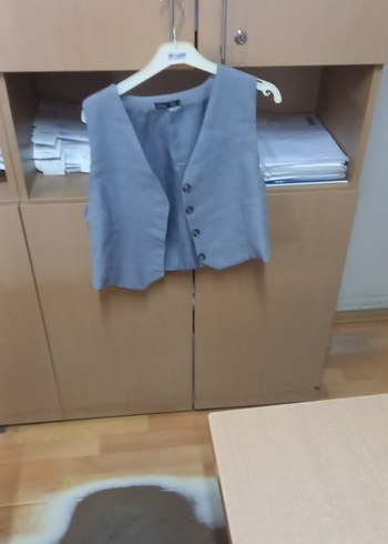 l Beden Gri Keten Düğmeli bayan yelek
