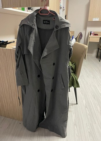 Gri Uzun Oversize Kadın Trençkot