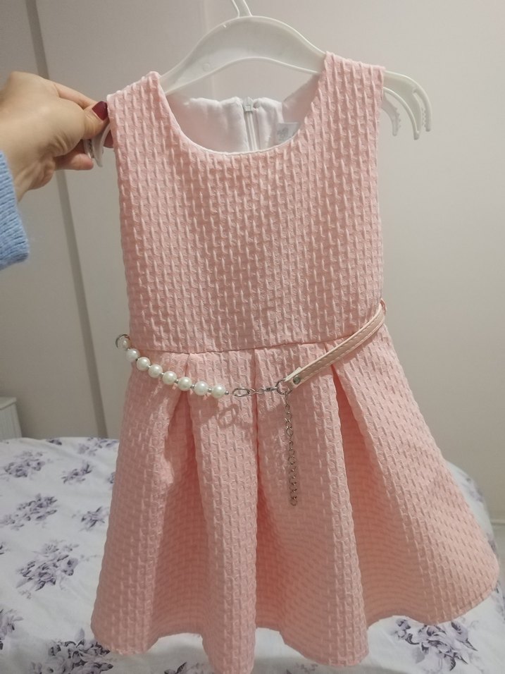 Nakışlı Pembe Kemerli Kız Elbisesi - Görsel 4