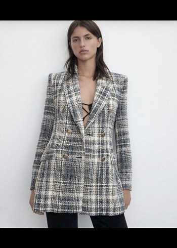 Düğmeli Gri Kareli Kadın Blazer - Görsel 5