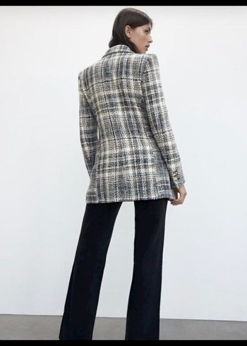 Düğmeli Gri Kareli Kadın Blazer - Görsel 3