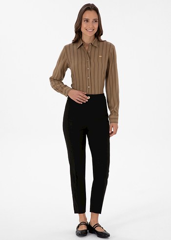 Düğmeli Bej Kadın Ofis Pantolonu - Görsel 3