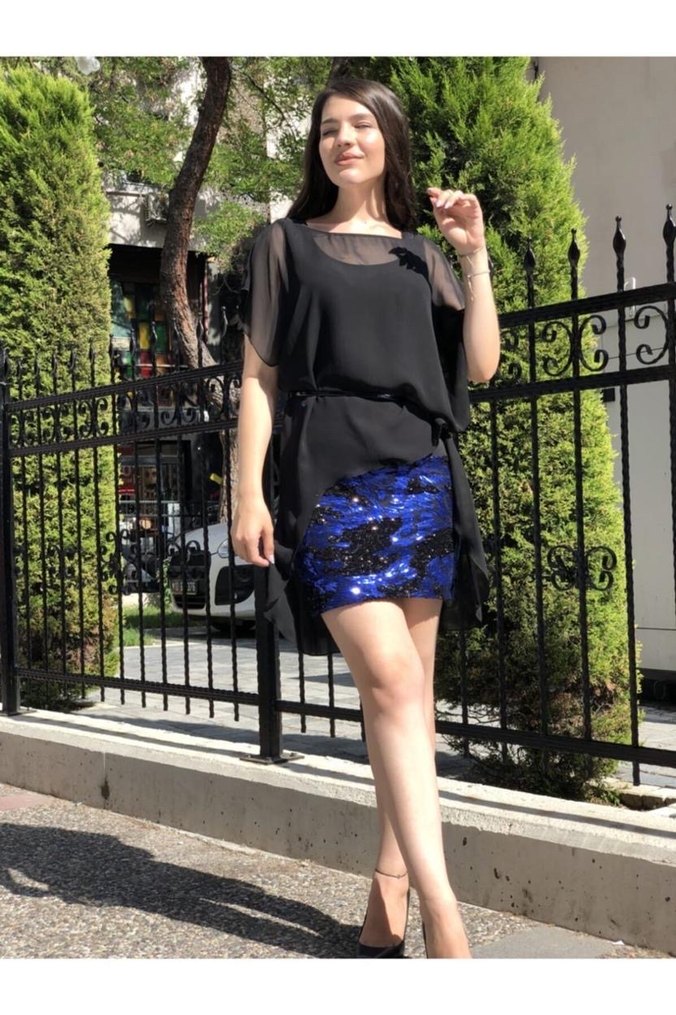 Ayhan- Eteği Simli Abiye Kısa Elbise - Görsel 4